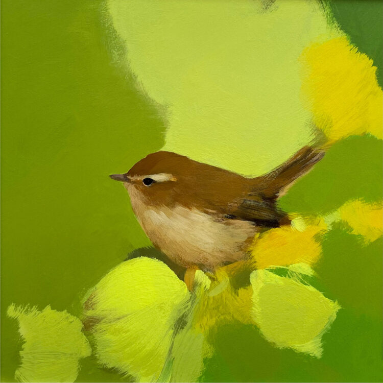 Heidi Langridge print of a painting of a chiff chaff bird against a green background of foliage.