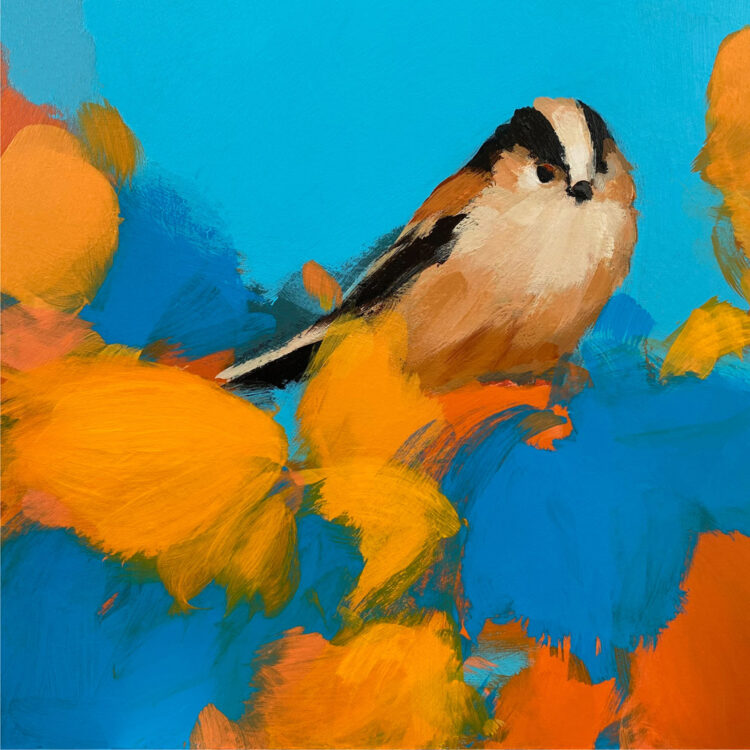 Heidi Langridge print of a painting of a long tailed tit with an orange and blue background.