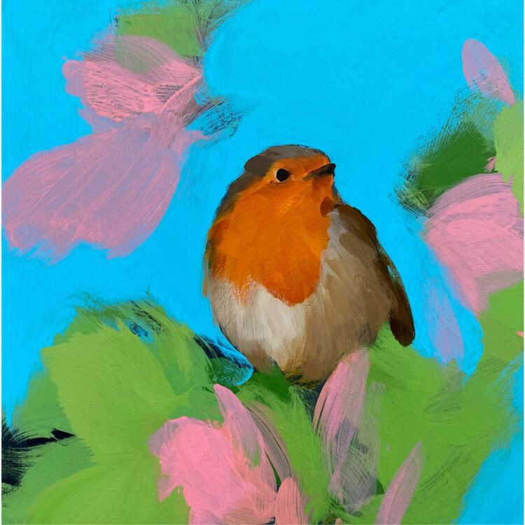 Heidi Langridge print of a painting of a robin with a blue and pink background